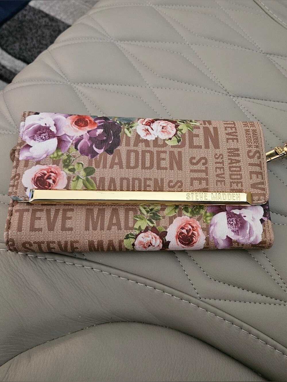Steve Madden Tan Floral Logo Wristlet Wallet